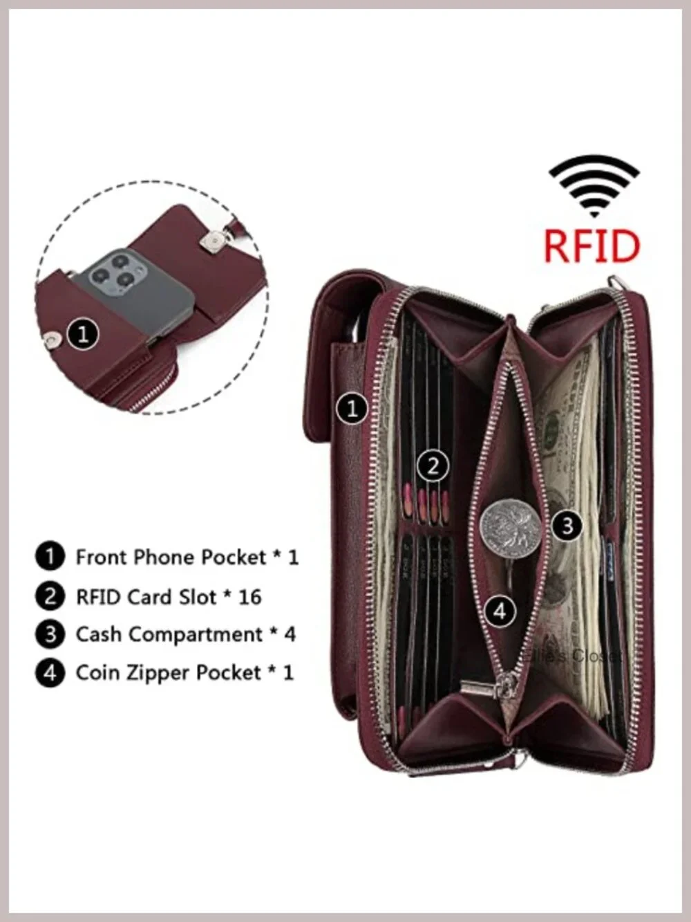 Small Vegan Leather Crossbody Purse with RFID Blocking, Adjustable Strap